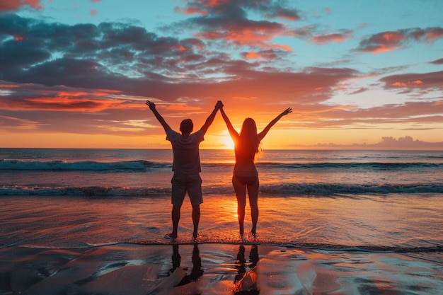 Un beau jeune couple souriant un jour d'été à la plage.