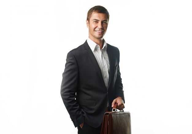 Beau jeune homme d'affaires en costume noir tenant une valise