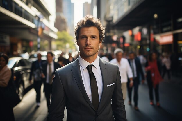 Un beau jeune homme d'affaires qui marche dans la rue de la ville.