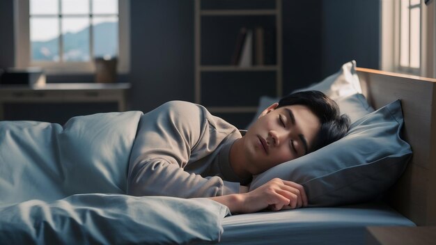 Un beau jeune homme asiatique qui dort dans un lit.