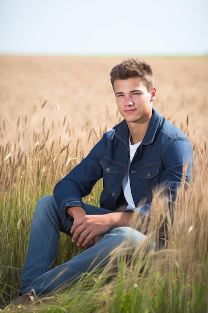 Beau jeune homme assis dans un champ de blé