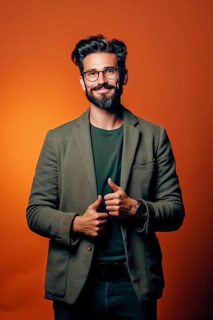 Un beau jeune homme barbu dans une veste tenant ses mains devant lui sur un fond orange