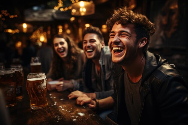 Photo un beau jeune homme caucasien est assis en compagnie d'amis dans un bar un week-end