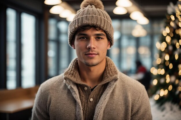 Beau jeune homme en chapeau d'hiver et pull sur Noël fond de bureau moderne saison d'hiver