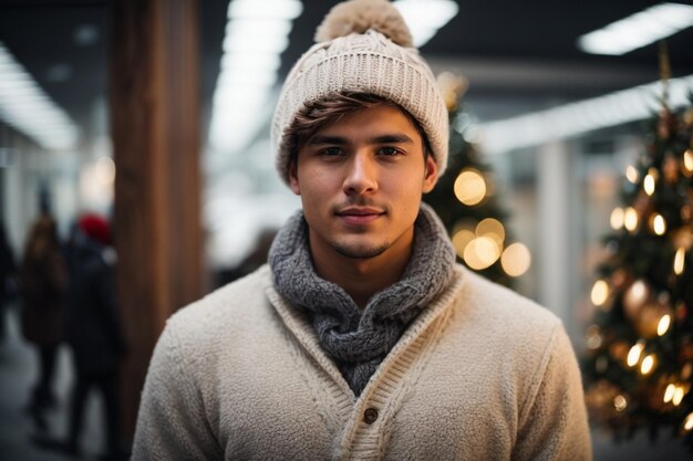 Beau jeune homme en chapeau d'hiver et pull sur Noël fond de bureau moderne saison d'hiver