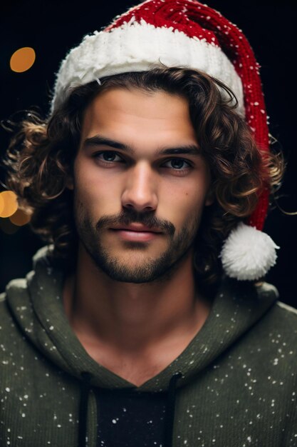 Un beau jeune homme avec un chapeau de père Noël sur un fond sombre