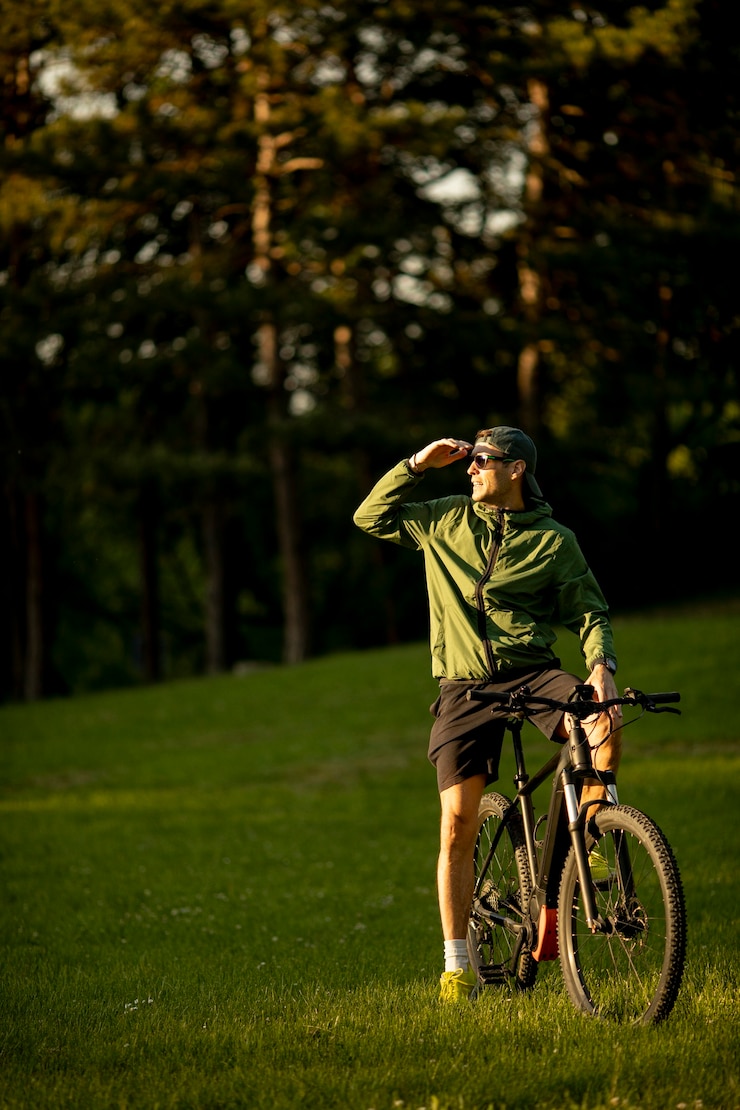 Photo beau jeune homme chevauchant un vélo électrique dans le parc