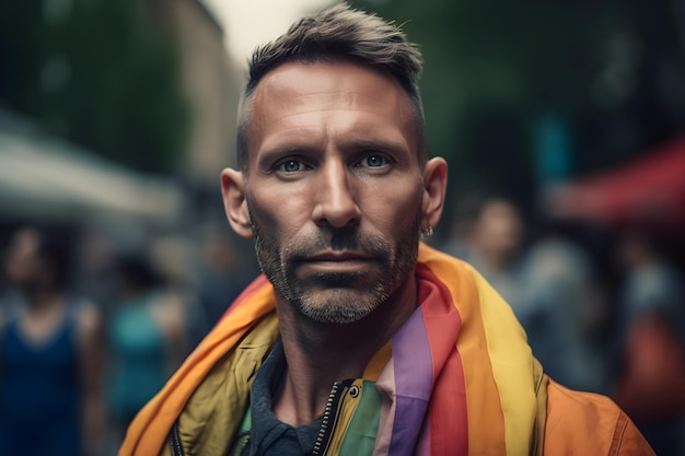 Un beau jeune homme avec une écharpe arc-en-ciel