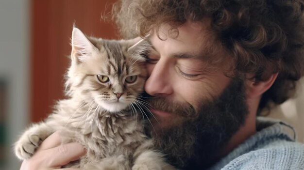 Beau jeune homme étreignant et câlinant son mignon chaton devon rex à pois colorés Animaux domestiques