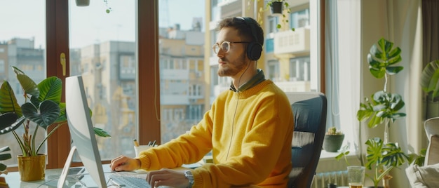 Photo ce beau jeune homme fait un appel vidéo sur un ordinateur de bureau dans un appartement loft élégant il porte un pull jaune confortable et des écouteurs et la vue est du paysage urbain