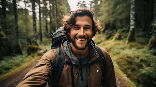 Un beau jeune homme fait une randonnée dans la forêt et sourit.