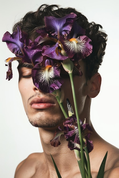 Photo beau jeune homme avec des fleurs d'iris sur le visage fond blanc