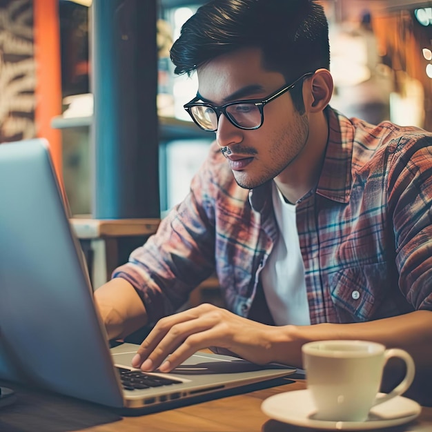 Beau jeune homme à lunettes à l'aide d'un ordinateur portable assis dans un café