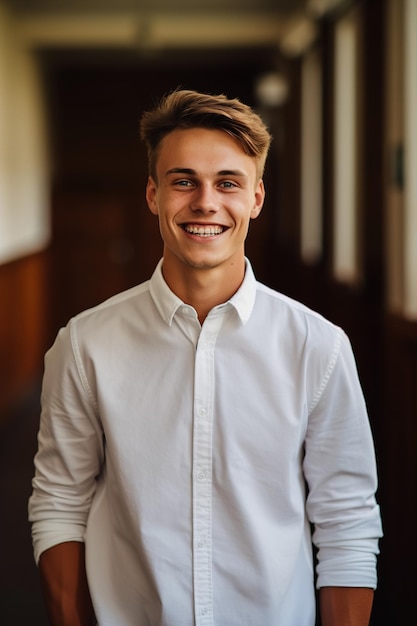 Un beau jeune homme portant une chemise blanche debout dans la rue souriant à la caméra