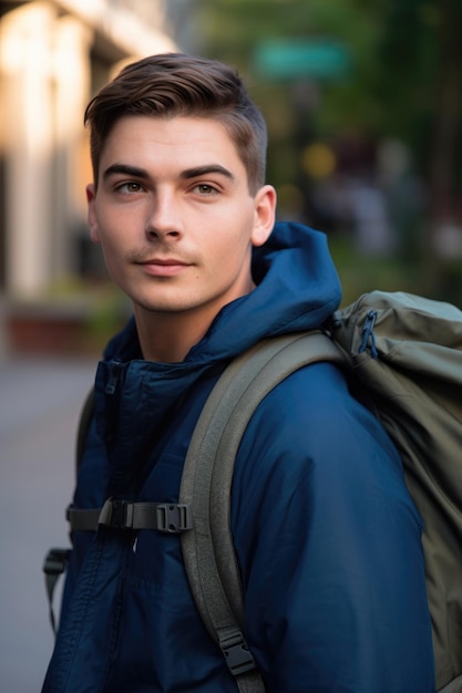 Beau jeune homme portant un sac à dos et regardant la caméra créée avec une IA générative