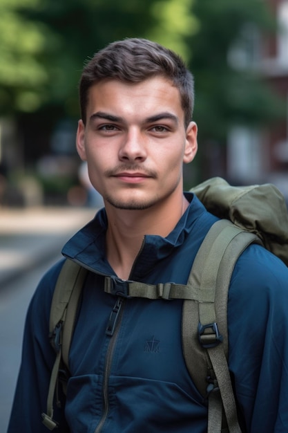 Photo beau jeune homme portant un sac à dos et regardant la caméra créée avec une ia générative