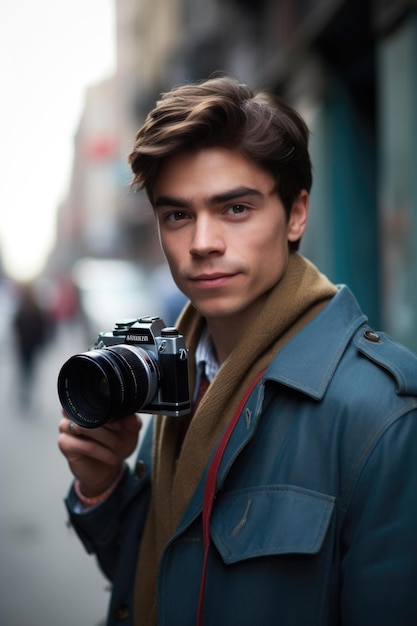 Un beau jeune homme prenant une photo de vous avec son appareil photo créé avec une IA générative