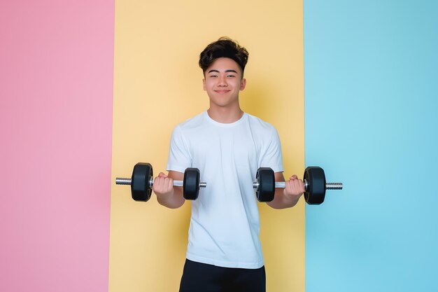 Un beau jeune homme qui fait de l'exercice avec un haltère.