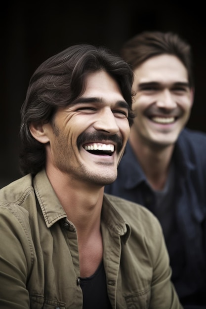 un beau jeune homme qui rit tout en étant assis avec son père créé avec l'IA générative