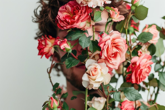 Photo beau jeune homme en roses fleurs sur fond blanc