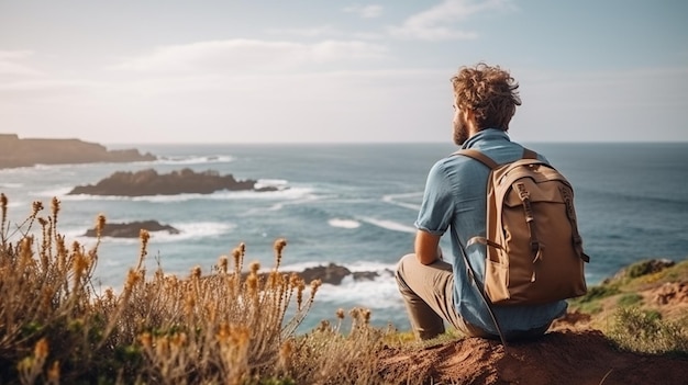 Photo beau jeune homme avec un sac à dos assis sur une falaise et regardant l'océan