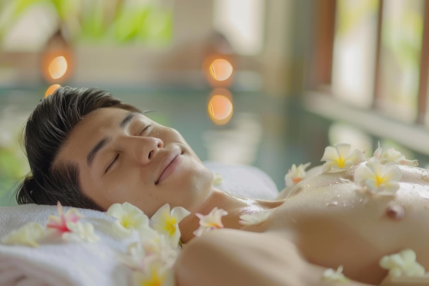 Un beau jeune homme se détend dans un spa de massage.