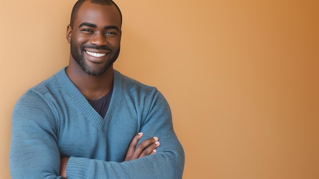 Un beau jeune homme avec un sourire vif porte un pull bleu il se tient avec les bras croisés et a l'air confiant et prospère