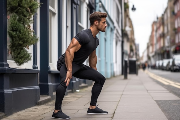 Un beau jeune homme en vêtements de sport noirs faisant des exercices d'étirement à l'extérieur Un mannequin de fitness faisant des squats sur la rue Section supérieure coupée vue latérale générée par l'IA