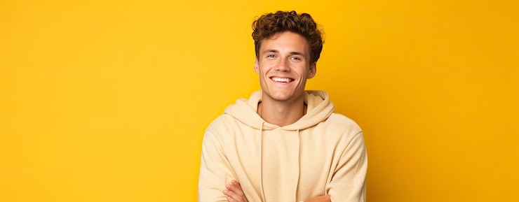 Photo un beau jeune homosexuel pose en solo sur un fond jaune pour la publicité