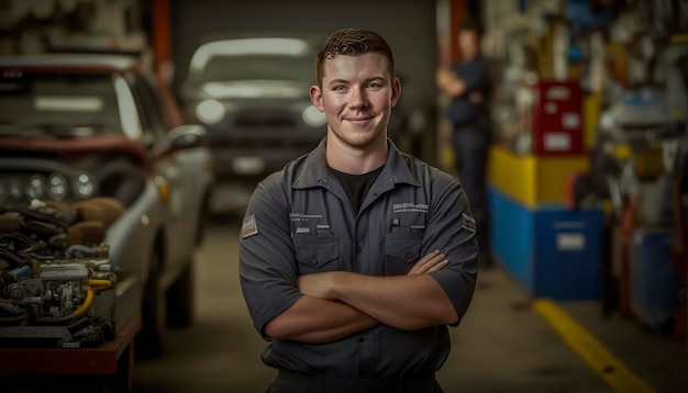 un beau jeune mécanicien masculin souriant devant un fond d'atelier de réparation automobile