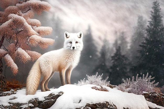 Beau jeune renard arctique se tient devant une colline enneigée avec de grands arbres