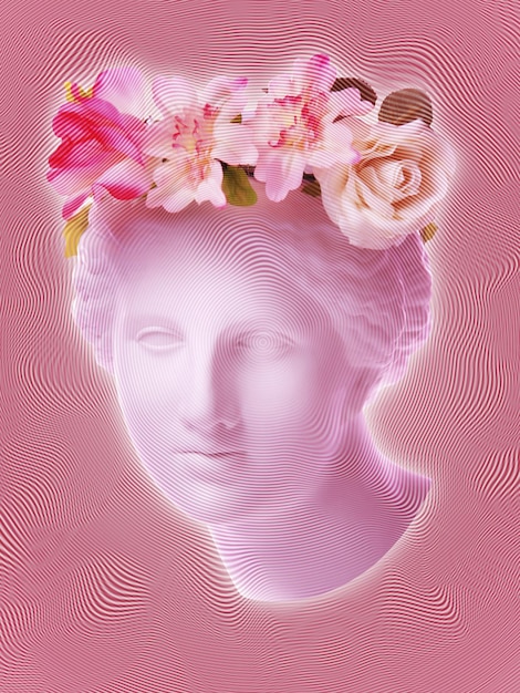 Beau jeune visage rose féminin et fleurs colorées sur fond texturé. Buste antique en plâtre de Vénus dans une couronne de fleurs. Fille modèle printemps et été de beauté avec bouquet frais.