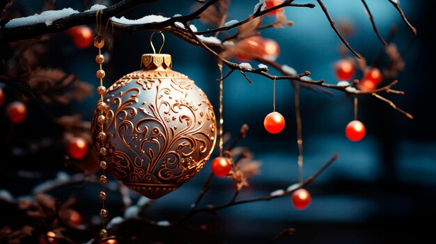 Un beau jouet de Noël est accroché à une branche d'arbre Une boule de Noël sur une branche dans la neige