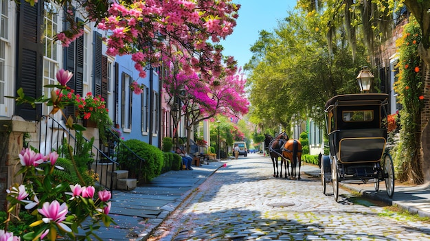 Photo un beau jour de printemps dans une ville du sud les arbres sont en fleurs et les fleurs sont en fleur une voiture tirée par des chevaux passe dans la rue