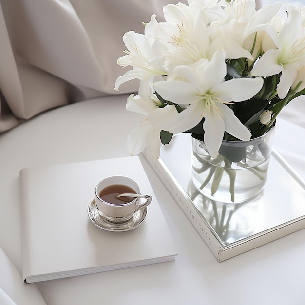 le beau journal blanc sur la table à café avec des fleurs