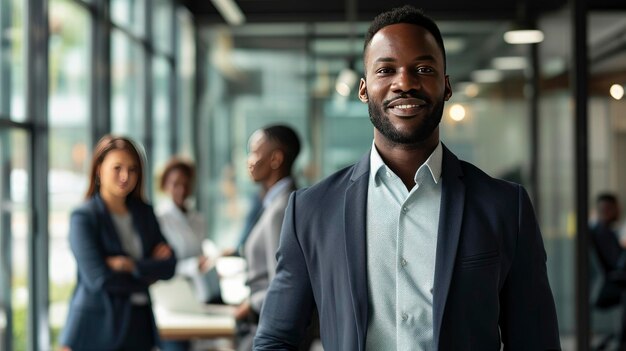 Photo un beau et joyeux dirigeant africain, un homme d'affaires noir dans le bureau.