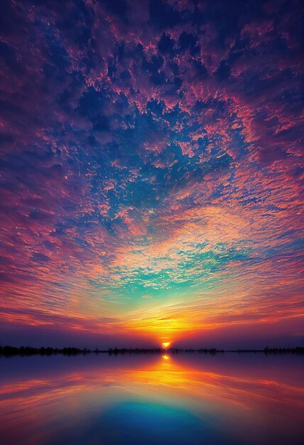 Un beau lac ancien au coucher du soleil avec le reflet du ciel et des nuages