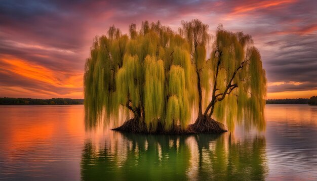 un beau lac avec un arbre au premier plan et un coucher de soleil en arrière-plan