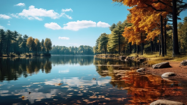 Beau lac avec arbres et ciel bleu