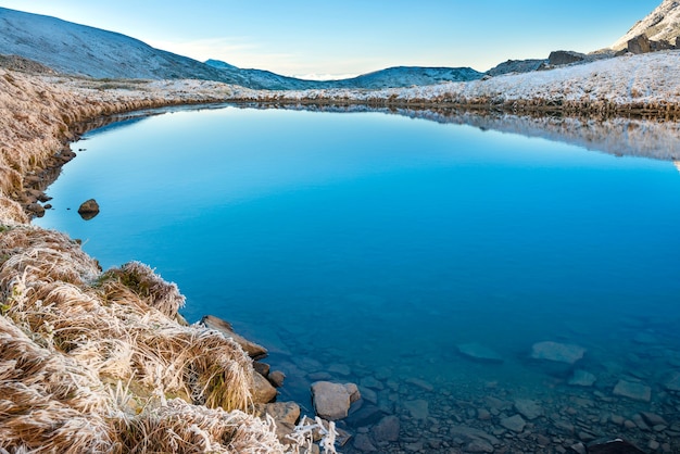 Beau lac bleu dans les montagnes, heure du lever du soleil du matin. Paysage avec neige et nature gelée