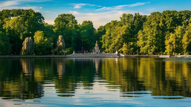 Photo beau lac en été avec le reflet des arbres sur la surface de l'eau le beau parc de la ville de kiev
