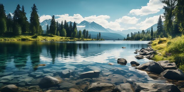 Photo beau lac de montagne avec de l'eau claire et de hautes montagnes en arrière-plan