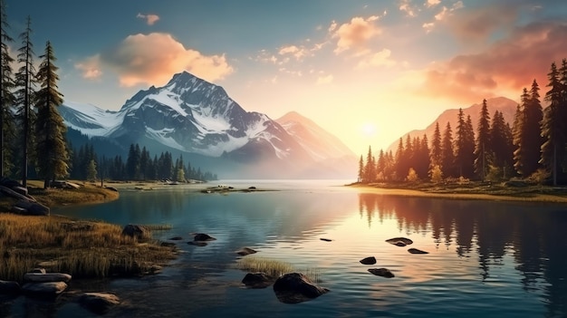 Photo beau lac de montagne et environnement naturel dans la matinée pittoresque