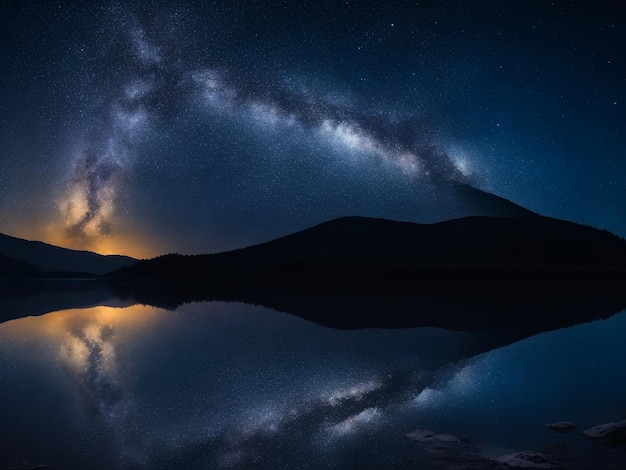 Le beau lac sombre avec le reflet de la voie lactée