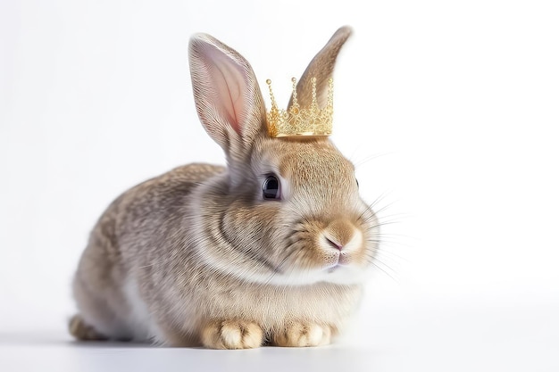 Beau lapin en couronne d'or sur fond blanc IA générative