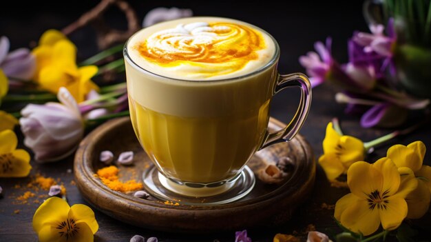 Beau latte au curcuma sur une table en bois avec le printemps