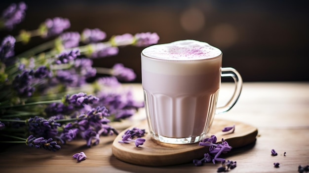 Un beau latte à la vanille et à la lavande sur une table en bois