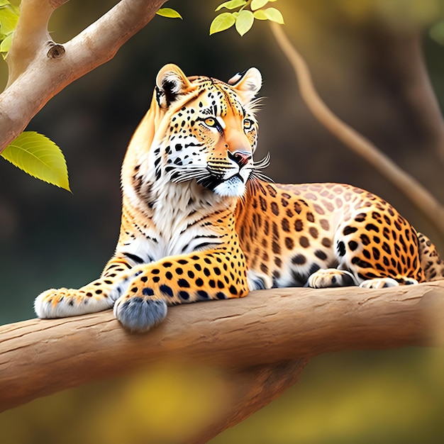 Beau léopard couché sur une branche d'arbre Scène de la faune Œuvre d'art numérique