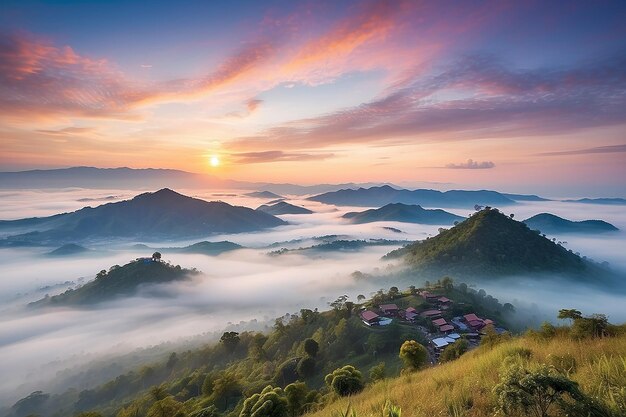 Photo beau lever de soleil et brouillard dans le district de phu thok chiang khan, province de loei, thaïlande