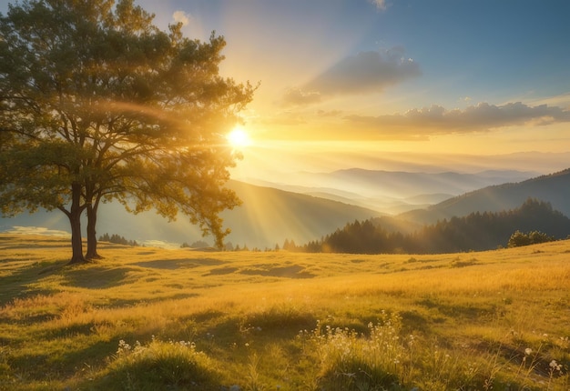 Beau lever de soleil brumeux dans les montagnes Montagnes alpines